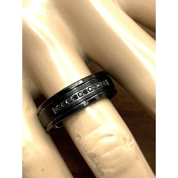 Men's Wedding Band Tungsten Black Gemstones 8mm Wide Ring Size 8 - Picture 6 of 15